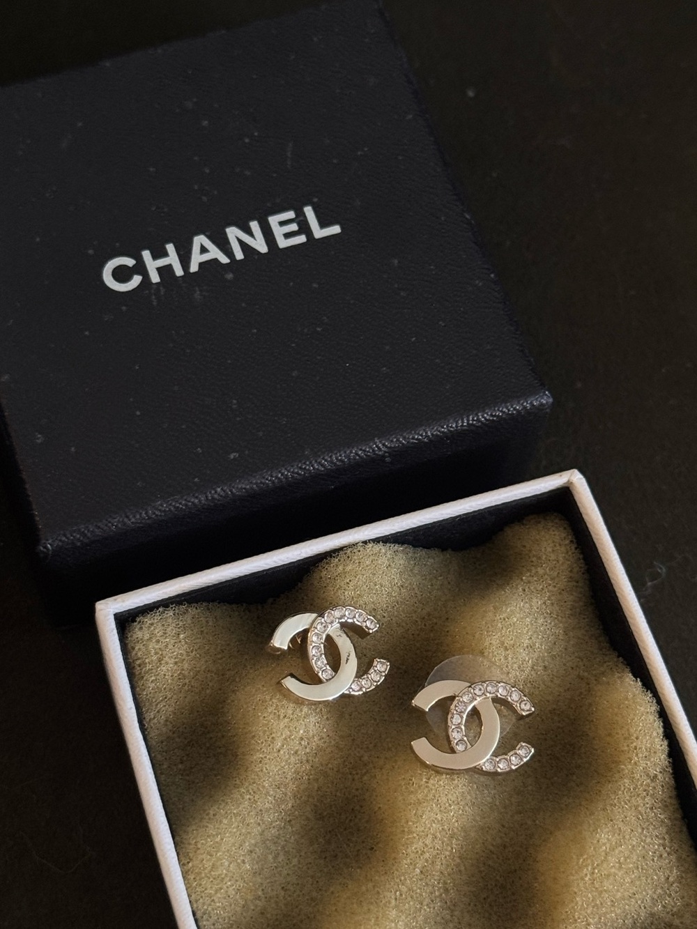 Chanel double side gold plated half rhinestone earring